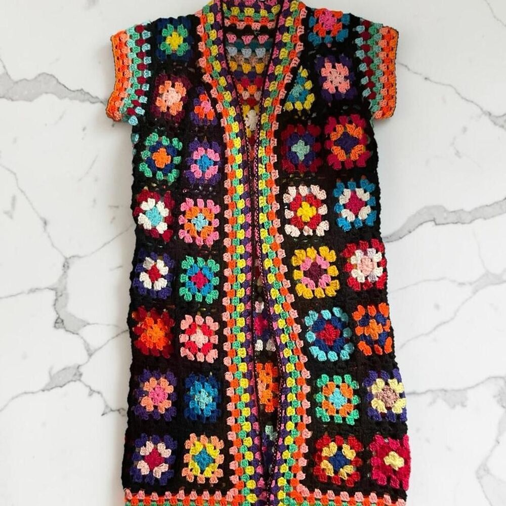 Multicolor Crochet Granny Square Duster Vest Boho Festival Longline Cardigan - Picture 3 of 7